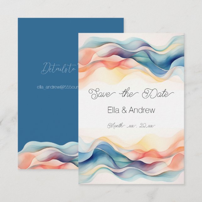 Modern Abstract Colour Wave Blue Wedding   Save The Date (Front/Back)