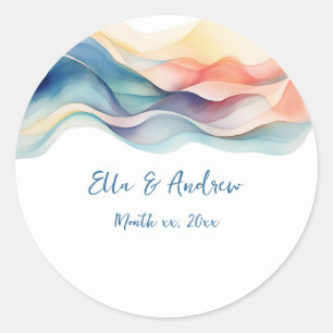 Modern Abstract Colour Wave Blue White Wedding Classic Round Sticker