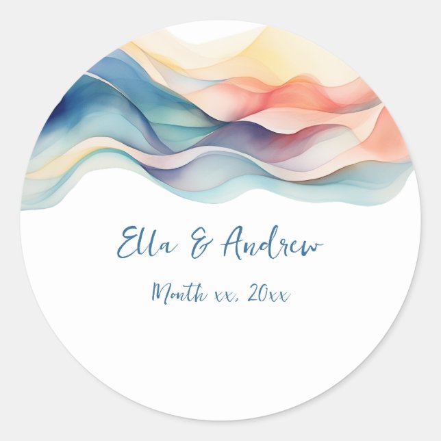 Modern Abstract Colour Wave Blue White Wedding Classic Round Sticker (Front)