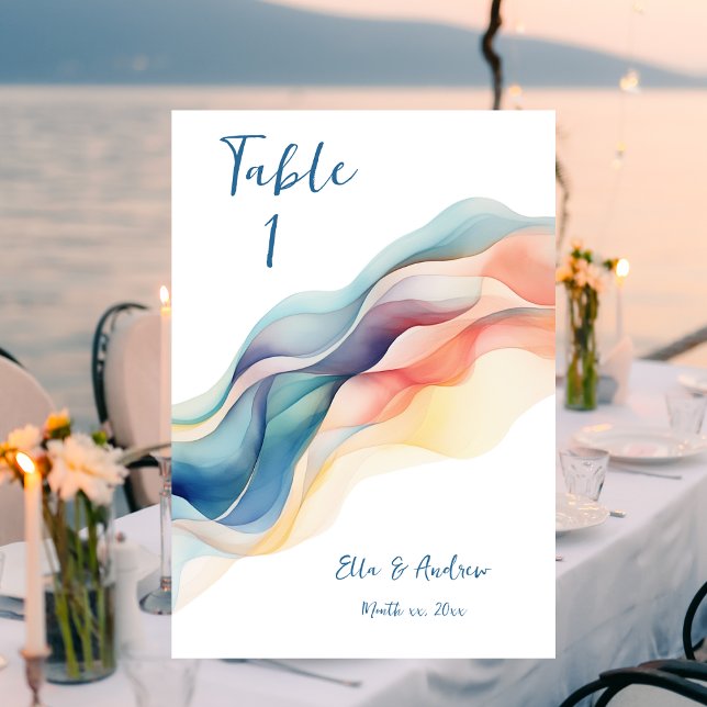 Modern Abstract Colour Wave Blue White Wedding Table Number (Modern Abstract Wedding Design Wedding Table Card)