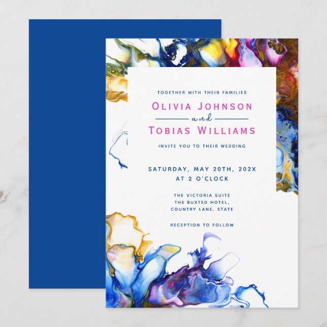 Modern abstract colourful blue inky marble invitation (Front/Back)