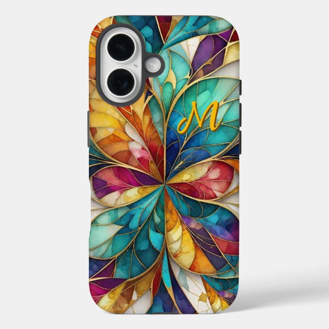 Modern abstract colourful leaves & custom monogram Case-Mate iPhone case (Back)