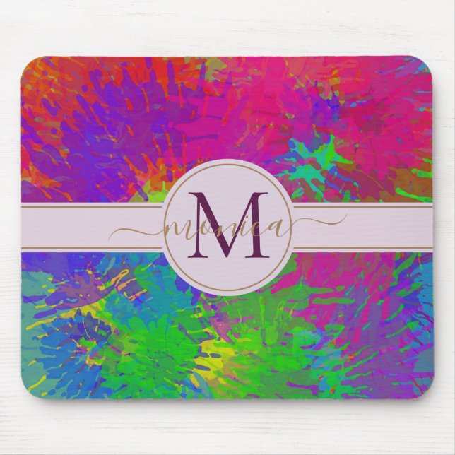 Modern Abstract Colourful Tie Dye Monogrammed Mouse Pad (Front)