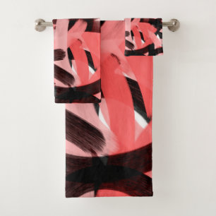 Modern Abstract Coral Pink Black Brushstroke Art Bath Towel Set