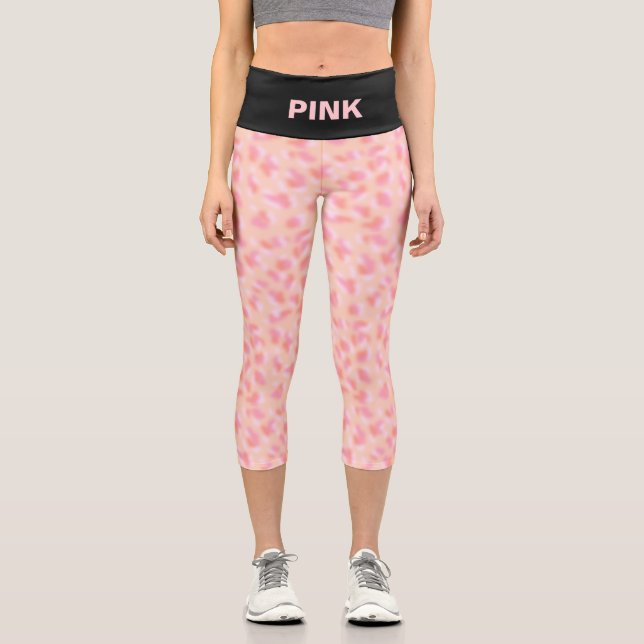 Modern Abstract Coral Pink Design & Black Belt Capri Leggings (Front)