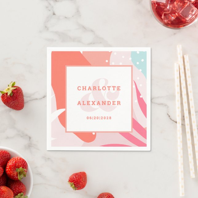 Modern Abstract Coral Wedding Date Bride & Groom Napkin (Insitu)