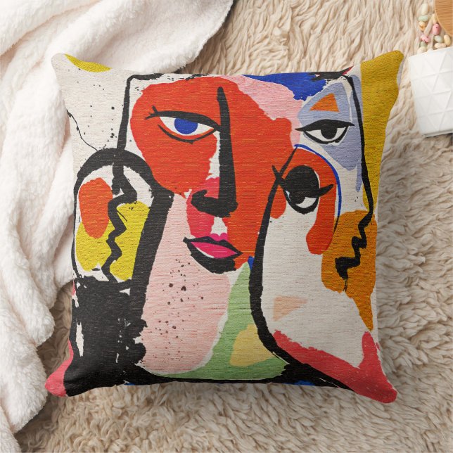Modern Abstract Cubism Colourful Geometric Portrai Throw Pillow (Blanket)