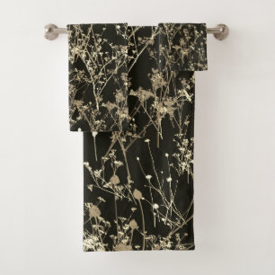 Modern Abstract Dark Brown Beige Wildflowers Bath Towel Set