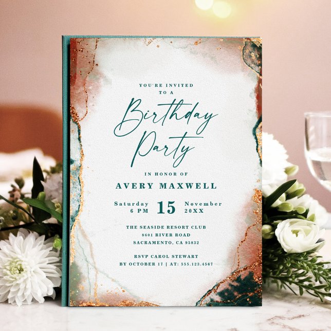 Modern Abstract Dark Teal & Copper Birthday Party Invitation (Modern teal and copper birthday party invitation with abstract design.)