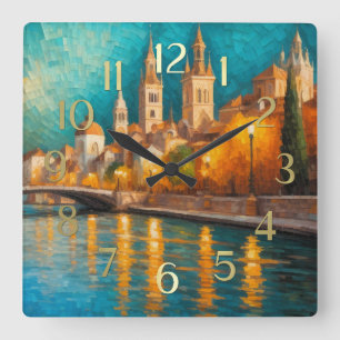 Modern Abstract Design Gold Orange Blue European  Square Wall Clock