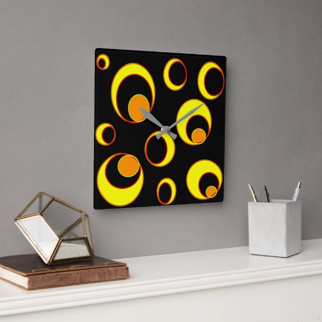 Modern abstract design, yellow circles on black  square wall clock (Office)