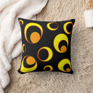 Modern abstract design, yellow circles on black throw pillow