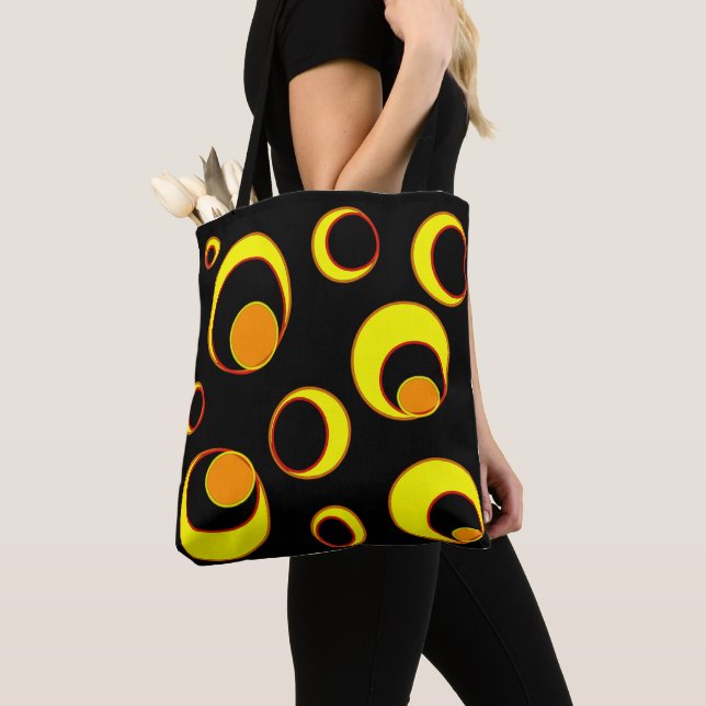 Modern abstract design, yellow circles on black  tote bag (Close Up)