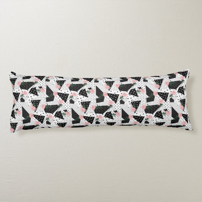 Modern Abstract  Dots and Pink Flowers Body Pillow (Back)