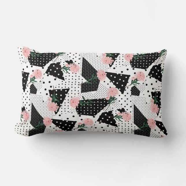 Modern Abstract  Dots and Pink Flowers Lumbar Pillow (Front)