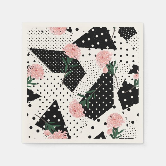 Modern Abstract  Dots and Pink Flowers Napkin (Front)