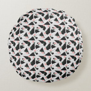 Modern Abstract  Dots and Pink Flowers Round Pillow