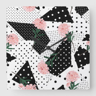 Modern Abstract Dots and Pink Flowers Square Wall Clock