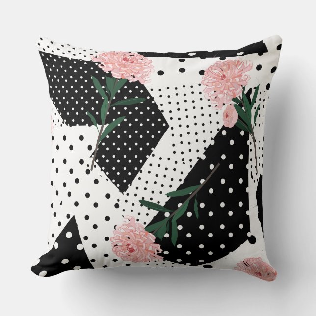 Modern Abstract  Dots and Pink Flowers Throw Pillow (Front)