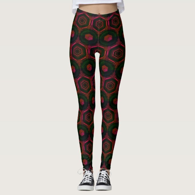 MODERN abstract drawing in-green-red-rose-mosaic Leggings (Front)