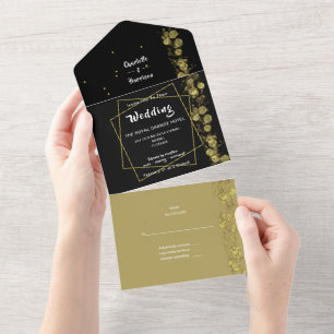 Modern Abstract Elegant Black Gold Wedding All In One Invitation