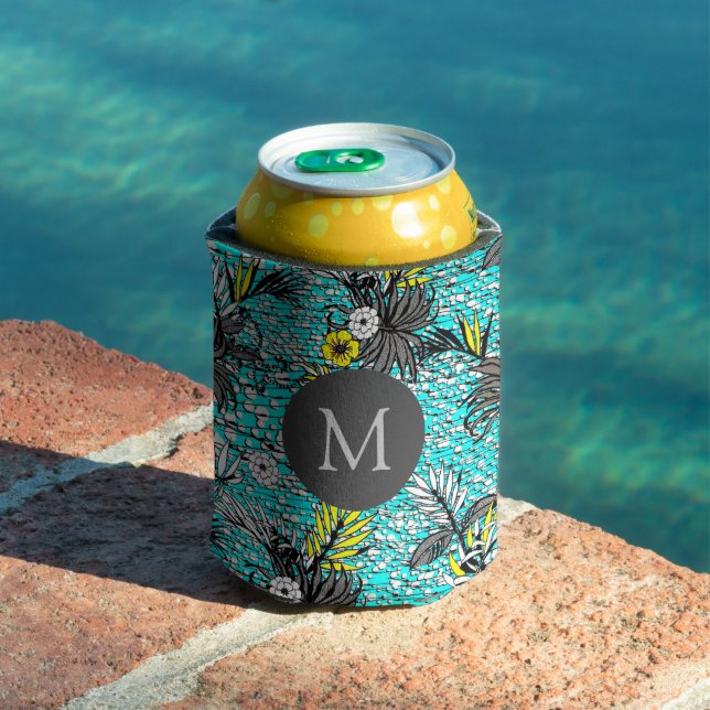 Modern Abstract Exotic Floral Art Monogram Can Cooler (In Situ Pool)