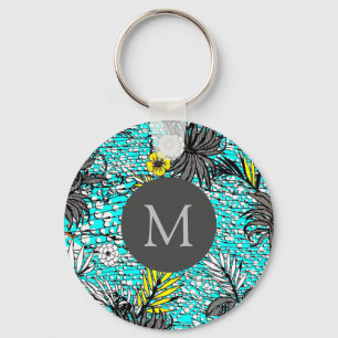 Modern Abstract Exotic Floral Art Monogram Keychain