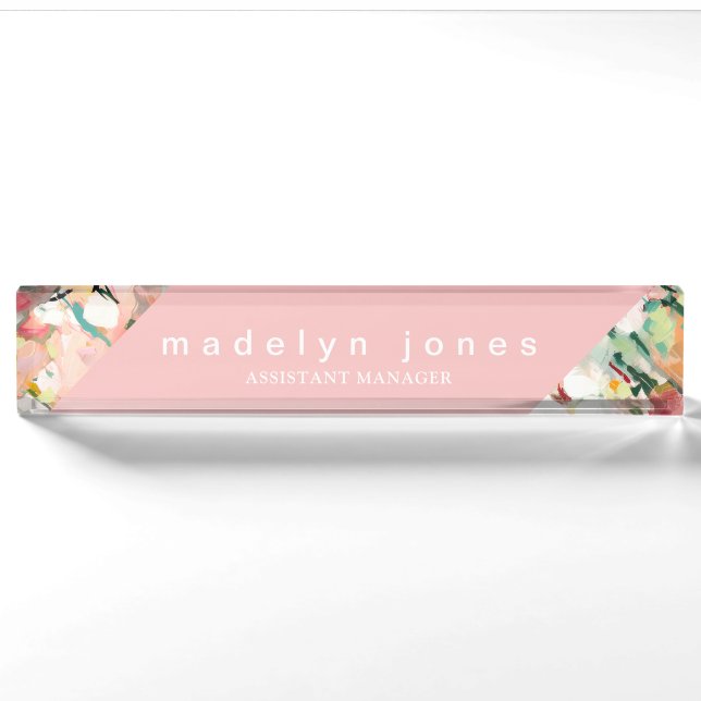 Modern Abstract Floral Art Pink Personalized Nameplate (Front)