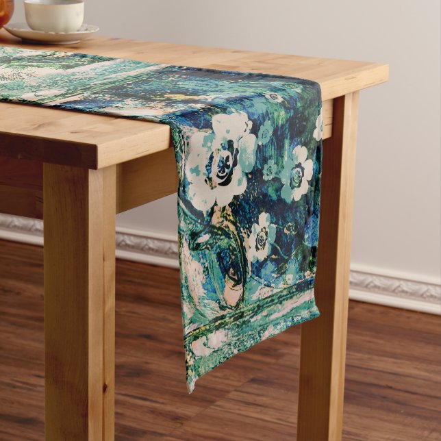 Modern Abstract Floral Blue Green Yellow White Medium Table Runner (In Situ)