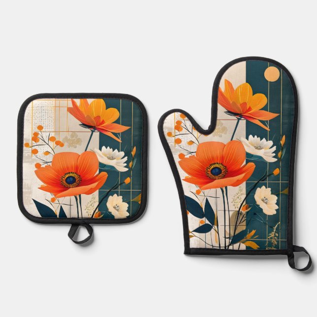 Modern Abstract Floral in Orange and Black Oven Mitt & Pot Holder Set (Front)