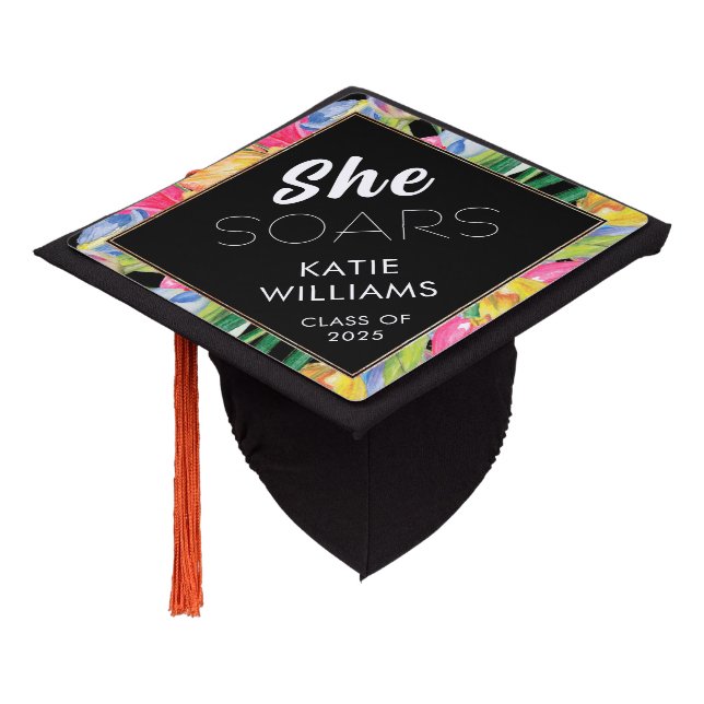 Modern Abstract Floral "She SOARS" Class of 2025 Graduation Cap Topper (Angled)