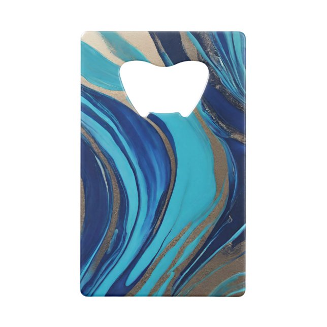 Modern Abstract Flow Art- Blue and Gold- Credit Card Bottle Opener (Back)