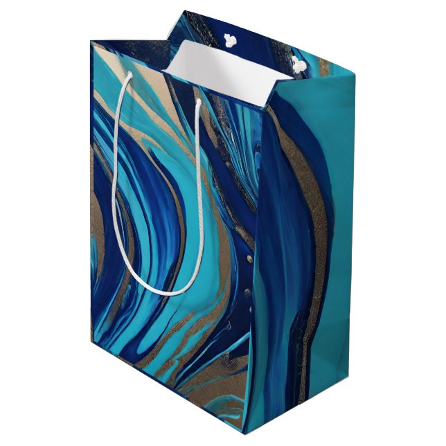 Modern Abstract Flow Art-Blue and Gold- Medium Gift Bag (Back Angled)