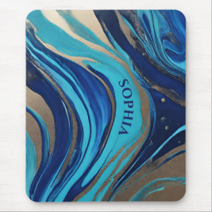 Modern Abstract Flow Art- Blue and Gold- Mouse Pad
