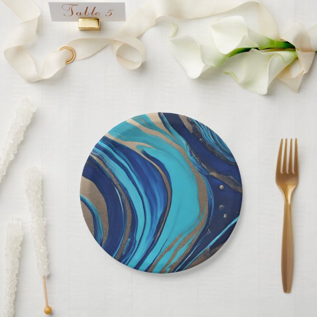 Modern Abstract Flow Art-Blue and Gold- Paper Plate (Wedding)