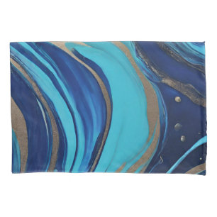 Modern Abstract Flow Art-Blue and Gold- Pillowcase