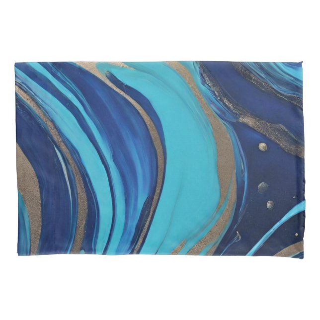 Modern Abstract Flow Art-Blue and Gold- Pillowcase (Front)