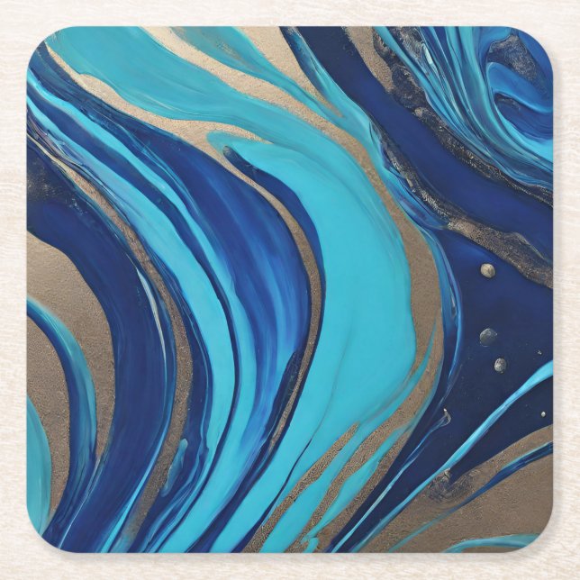Modern Abstract Flow Art-Blue and Gold- Square Paper Coaster (Front)