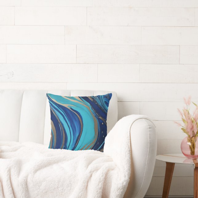 Modern Abstract-Flow Art-Blue and Gold- Throw Pillow (Couch)