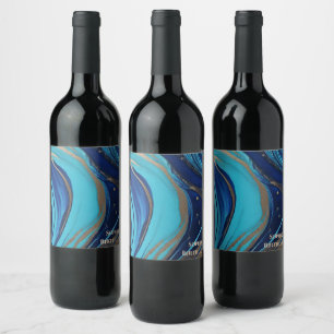 Modern Abstract Flow Art- Blue and Gold- Wine Label