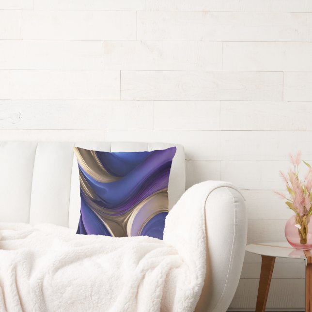 Modern Abstract-Flow Art-Blue Purple and Gold Throw Pillow (Couch)