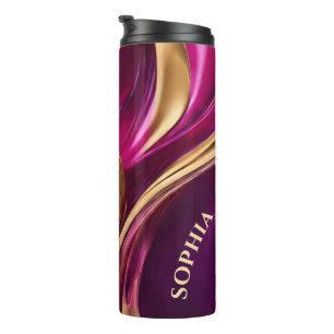Modern Abstract-Flow Art-Fuchsia Purple and Gold- Thermal Tumbler