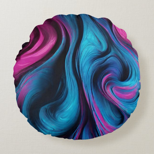 Modern Abstract-Fluid Art-Blue and Pink- Round Pillow (Front)