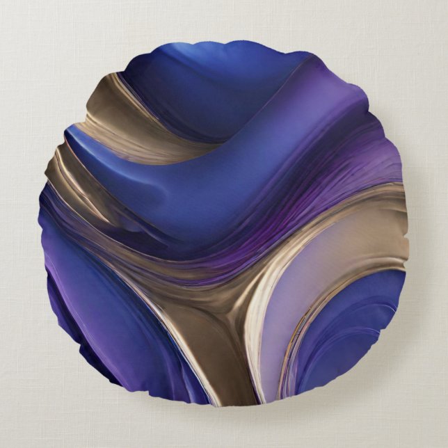 Modern Abstract-Fluid Art-Blue Purple and Gold Round Pillow (Front)