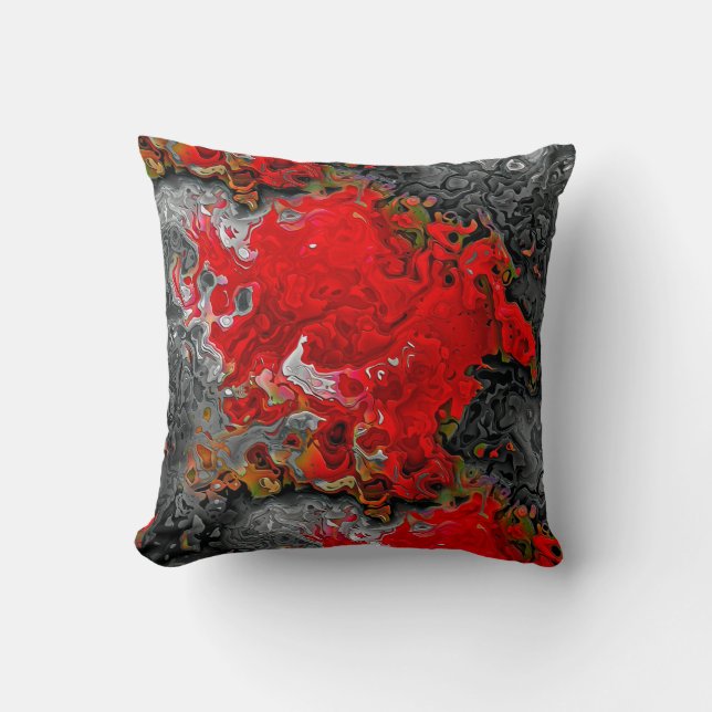 Modern Abstract Fluid Art Design Red, Gray & Gold Throw Pillow (Front)