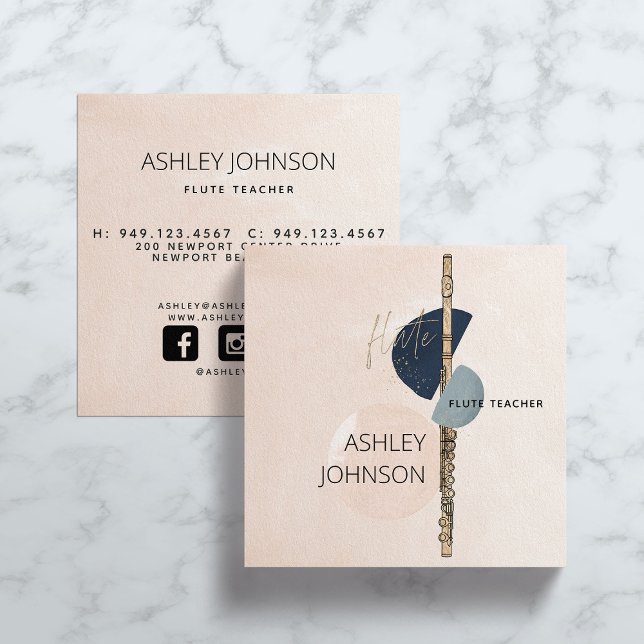 Modern Abstract Flute Teacher Blush & Navy Social Square Business Card (Creator Uploaded)