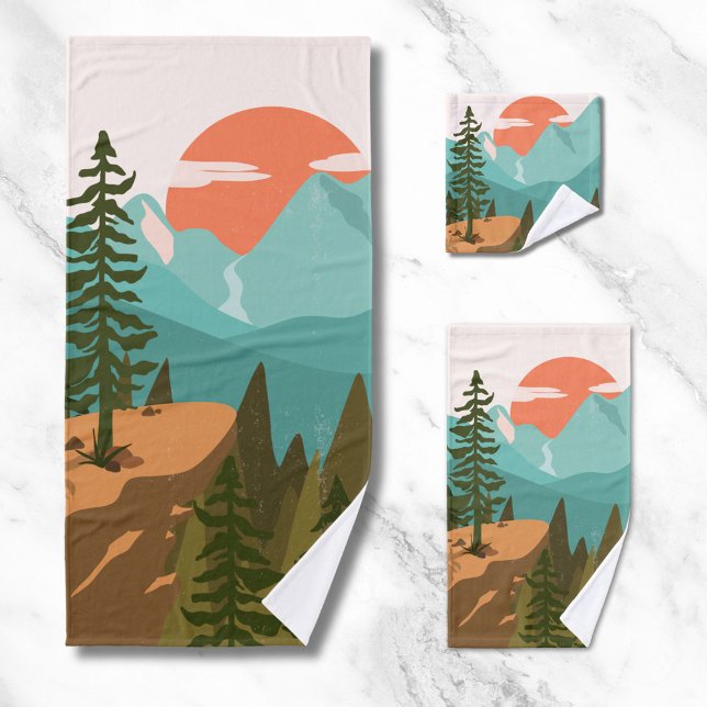 Modern Abstract Forest, Mountains, and Sunrise Bath Towel Set (Close up)