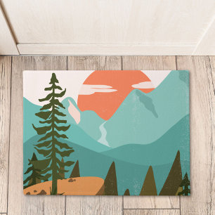 Modern Abstract Forest, Mountains, and Sunrise Doormat