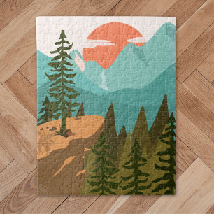 Modern Abstract Forest, Mountains, and Sunrise Jigsaw Puzzle
