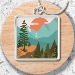 Modern Abstract Forest, Mountains, and Sunrise Keychain